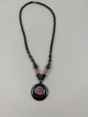 Vintage Necklace Made with Gunmetal Gray Hematite and Pink Glass Beads